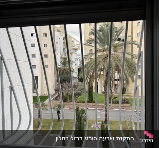 סורגי מתכת על חלון עם נוף חיצוני